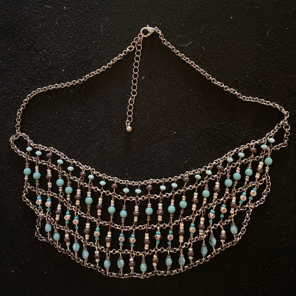 Layered bib necklace, vintage lobster claw closure. Aqua beads brown and white